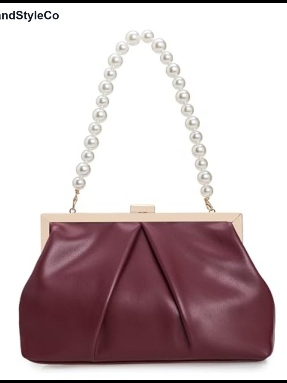 Faux Leather Clutch Purse Ruched PU Metal Frame Formal Evening Bag with Pearl